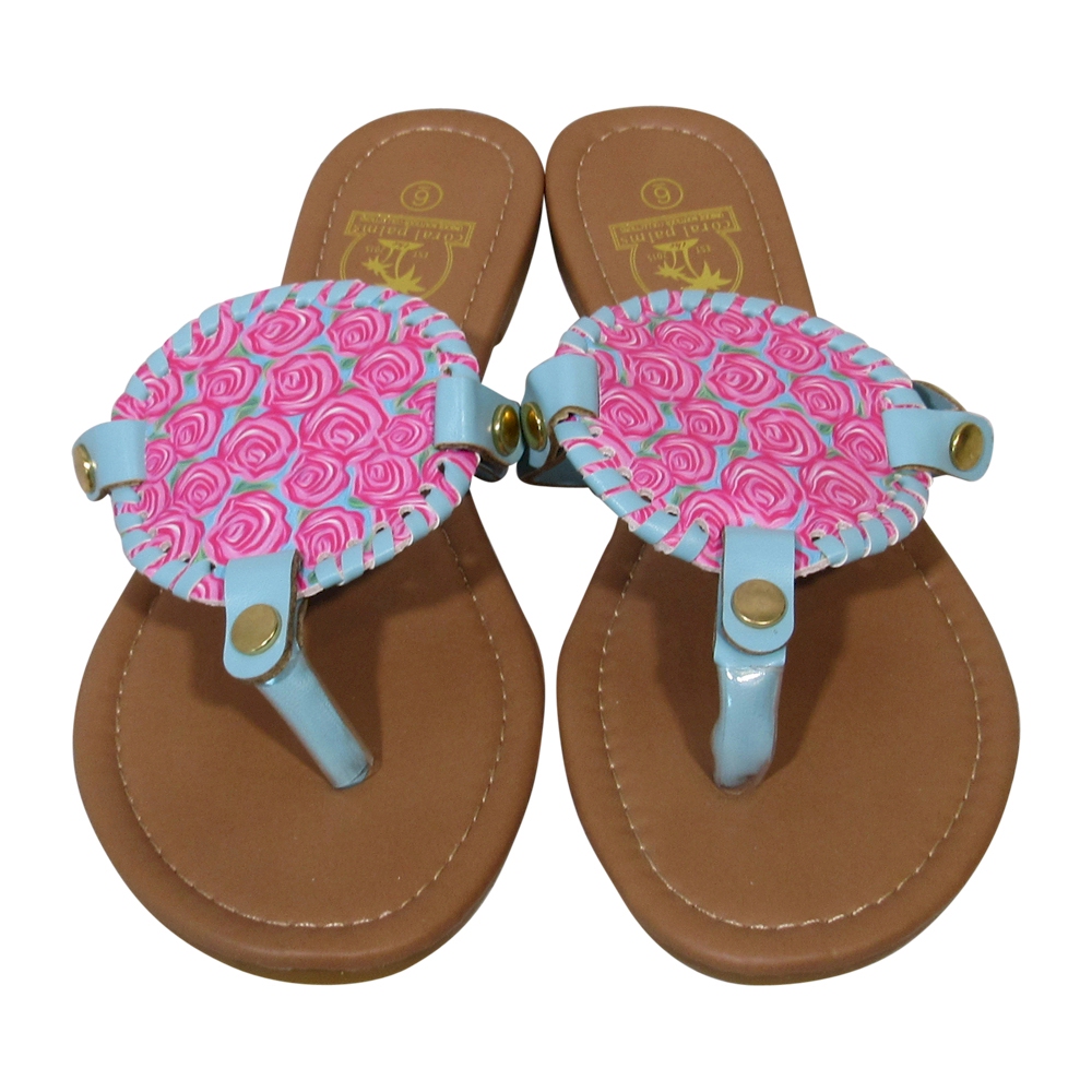 The Coral Palms® EasyStitch Medallion Sandals in Radiant Roses with Dark Aqua Accents - CLOSEOUT