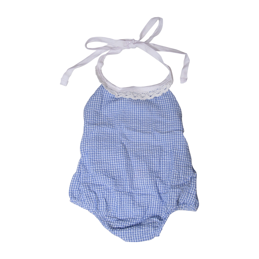 The Coral Palms® Gingham Lace Halter Top Bubble Romper - BLUE - CLOSEOUT