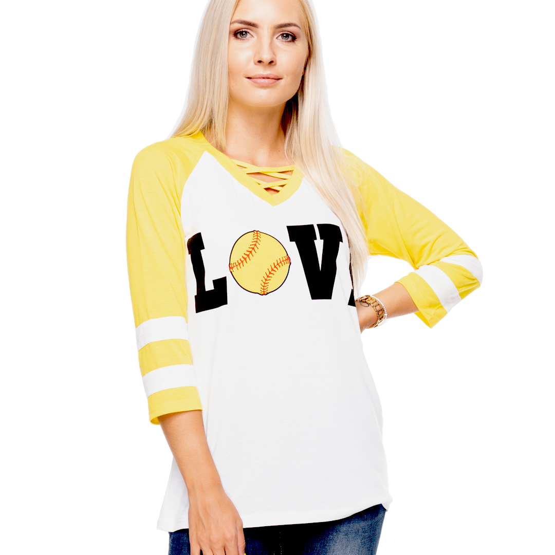 The Coral Palms® Love Softball 3/4 Sleeve Raglan with Criss-Cross V-Neck Shirt - CLOSEOUT
