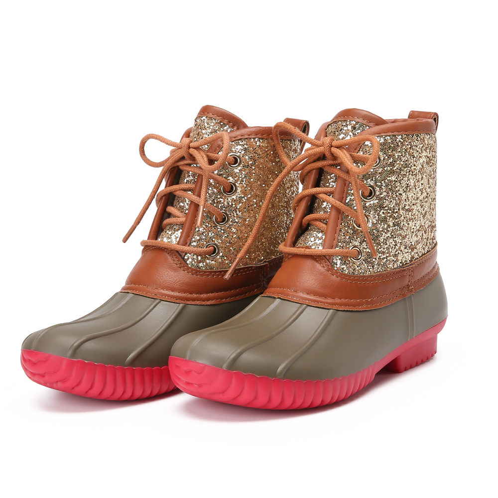 duck boots tan and black