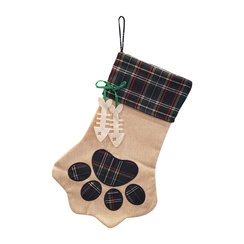 The Coral Palms® Farmhouse Plaid Paw Print Pet Christmas Stocking with Cat Bones - CLOSEOUT