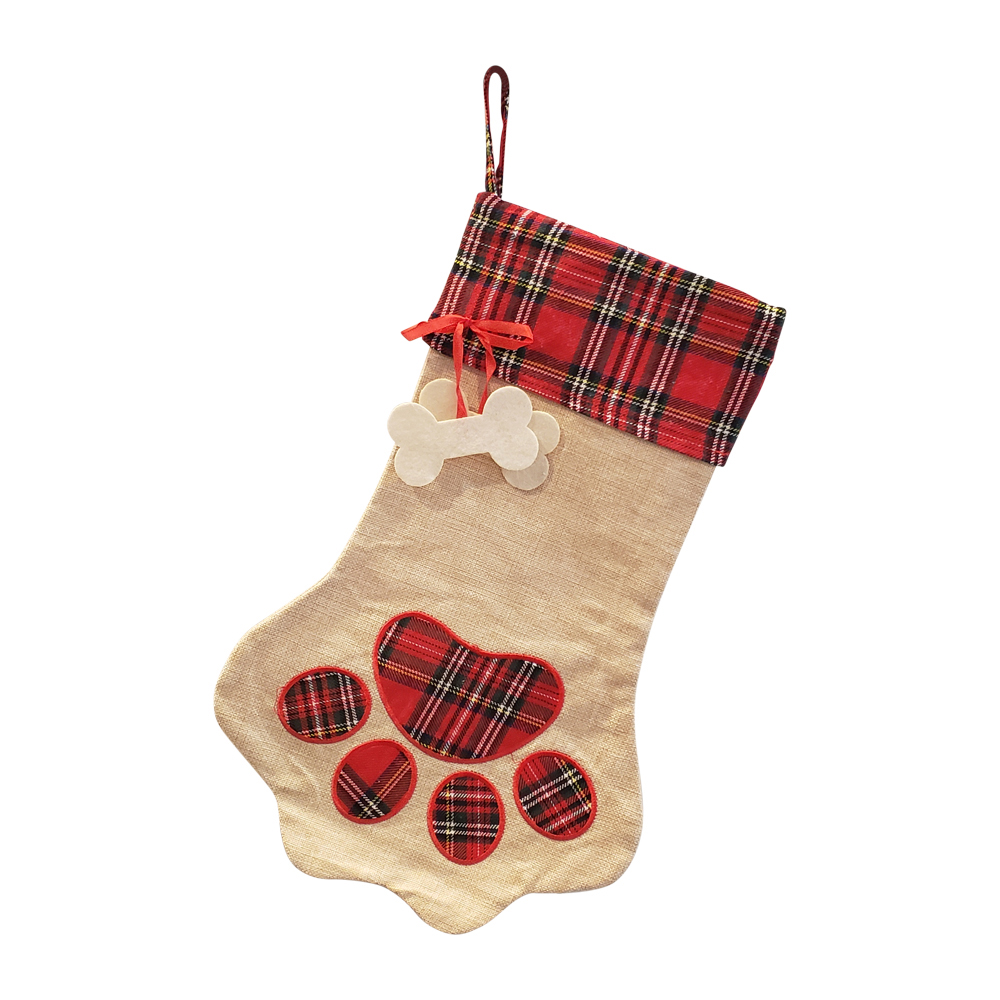 The Coral Palms® Farmhouse Plaid Paw Print Pet Christmas Stocking with Dog Bones - CLOSEOUT