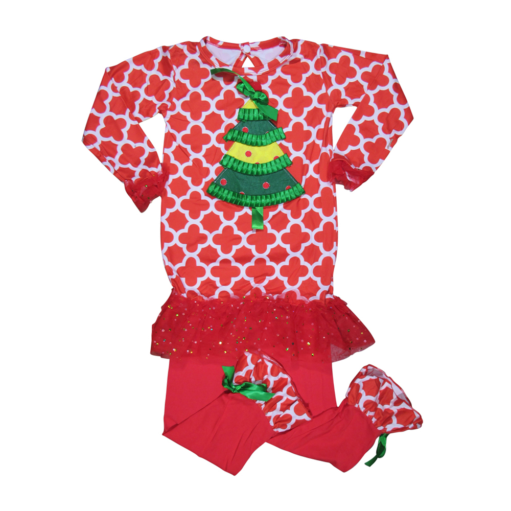 Applique Christmas Tree Top in Red Quatrefoil Print with Ruffles and Matching Pants Set - CLOSEOUT