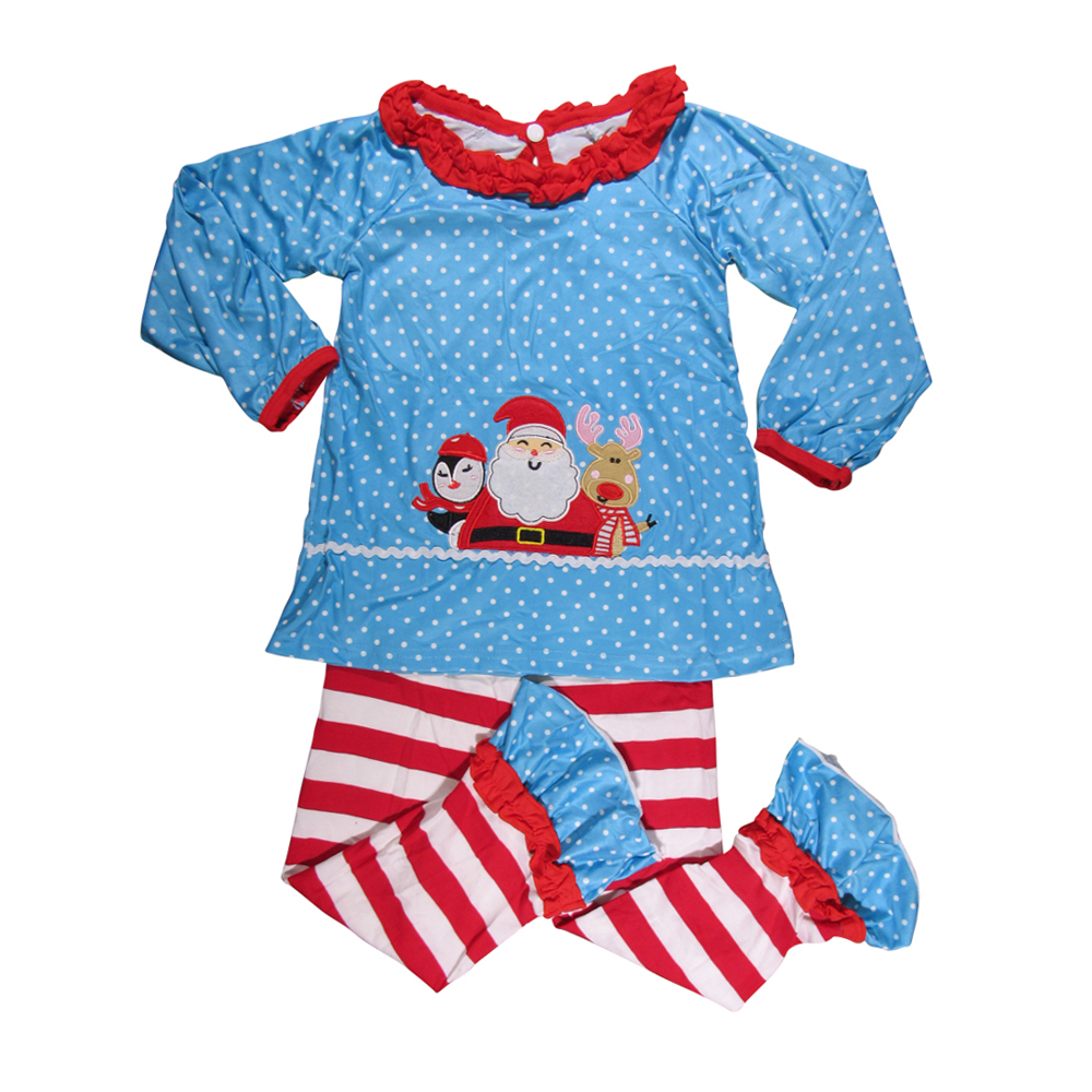 Applique Santa and Friends in Polka Dots and Stripes with Ruffles and Matching Pants Set - CLOSEOUT