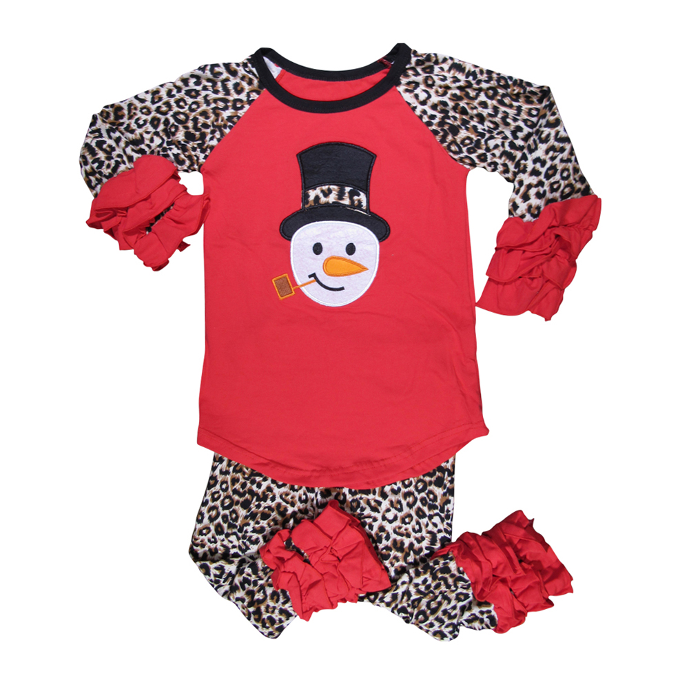 Applique Raglan Snowman Shirt in Red and Leopard Print with Ruffles and Matching Pants Set - CLOSEOUT