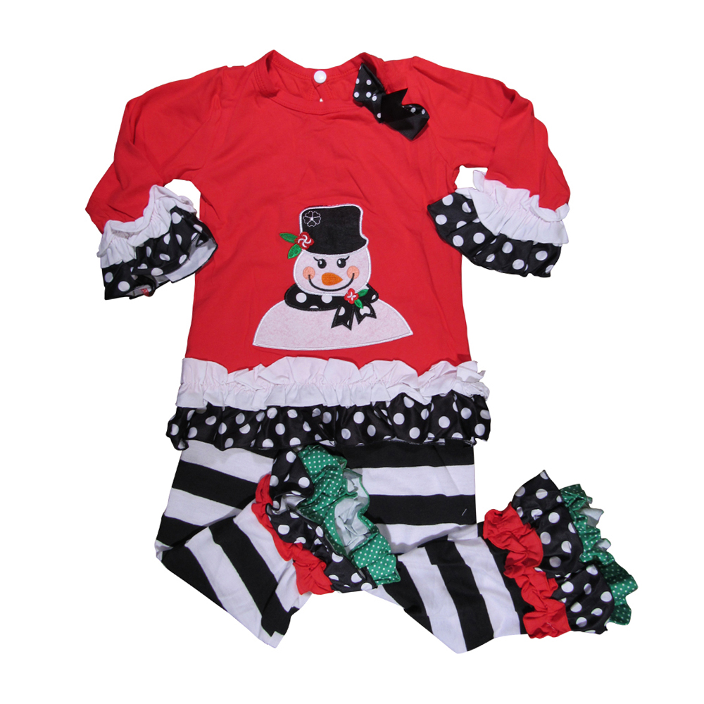 Applique Snowman Shirt in Red and Polka Dot Print with Ruffles and Matching Pants Set - CLOSEOUT