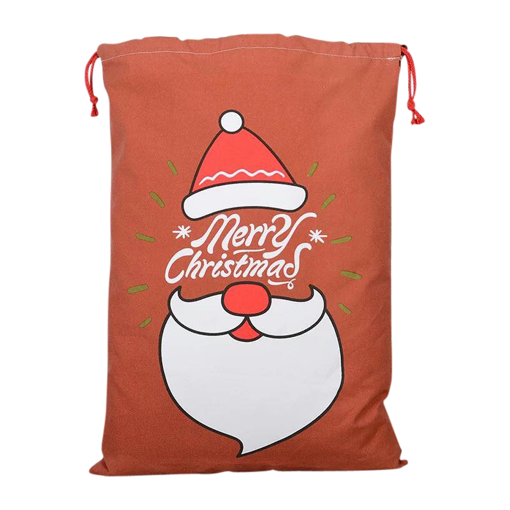 Natural Canvas Christmas Drawstring Gift Bag - Merry Christmas Santa Face - CLOSEOUT