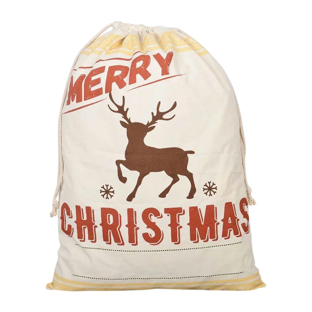 Natural Canvas Christmas Drawstring Gift Bag - Merry Christmas Reindeer - CLOSEOUT