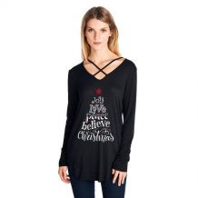 Joy Love Peace Believe Christmas - Cross Neck Long Sleeve Tunic - BLACK - CLOSEOUT