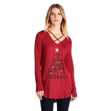 Joy Love Peace Believe Christmas - Cross Neck Long Sleeve Tunic - RED - CLOSEOUT