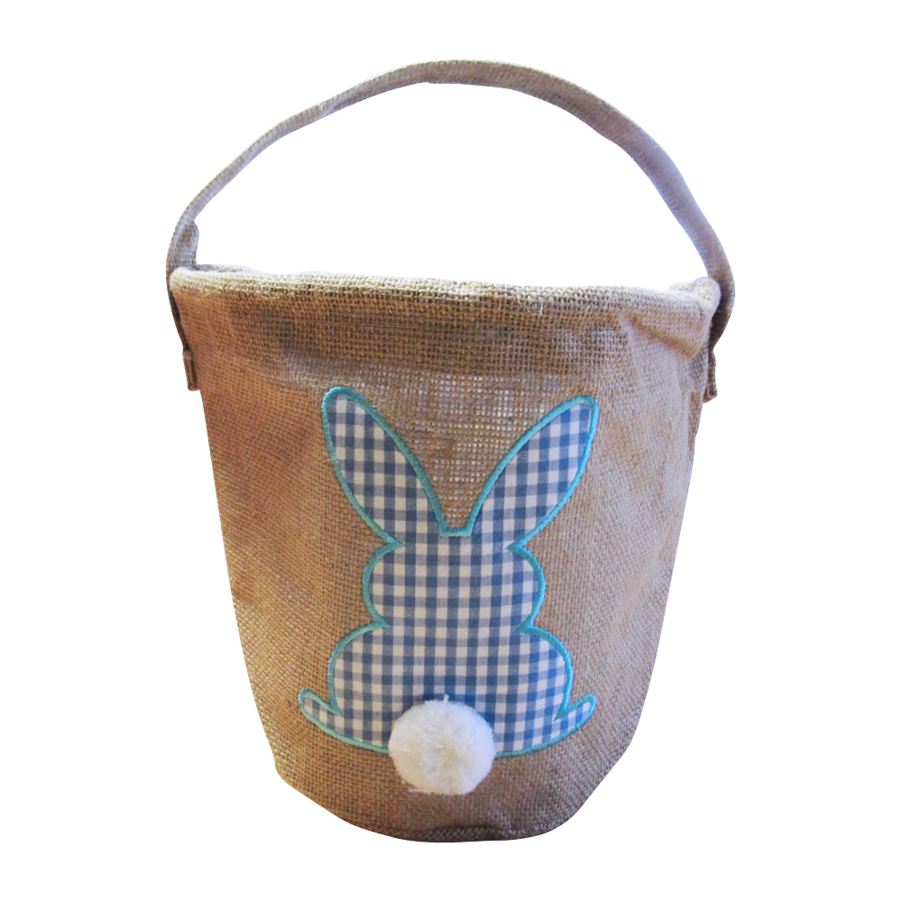 Burlap Easter Basket Tote With Applique Gingham Bunny - BLUE - CLOSEOUT