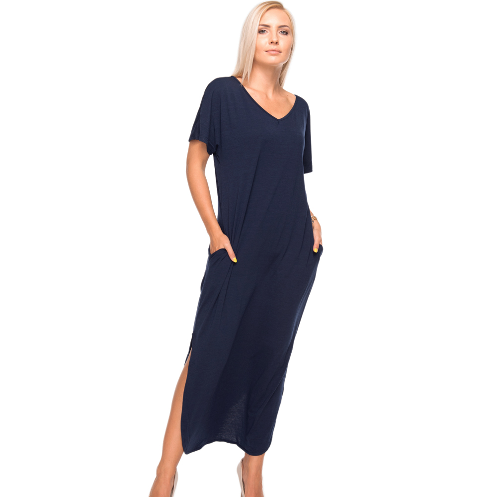 The Coral Palms® Casual Short Sleeve V-Neck Backless Criss Cross Design Split Maxi Dress with Pockets - NAVY - CLOSEOUT