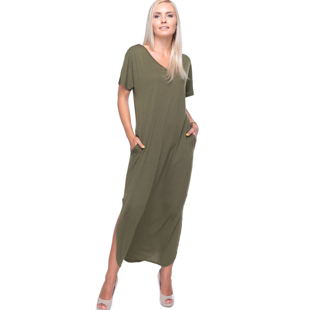 The Coral Palms® Casual Short Sleeve V-Neck Backless Criss Cross Design Split Maxi Dress with Pockets - OLIVE - CLOSEOUT