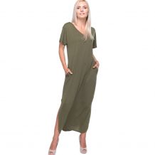 The Coral Palms Casual Short Sleeve V-Neck Backless Criss Cross Design Split Maxi Dress with Pockets - OLIVE - CLOSEOUT