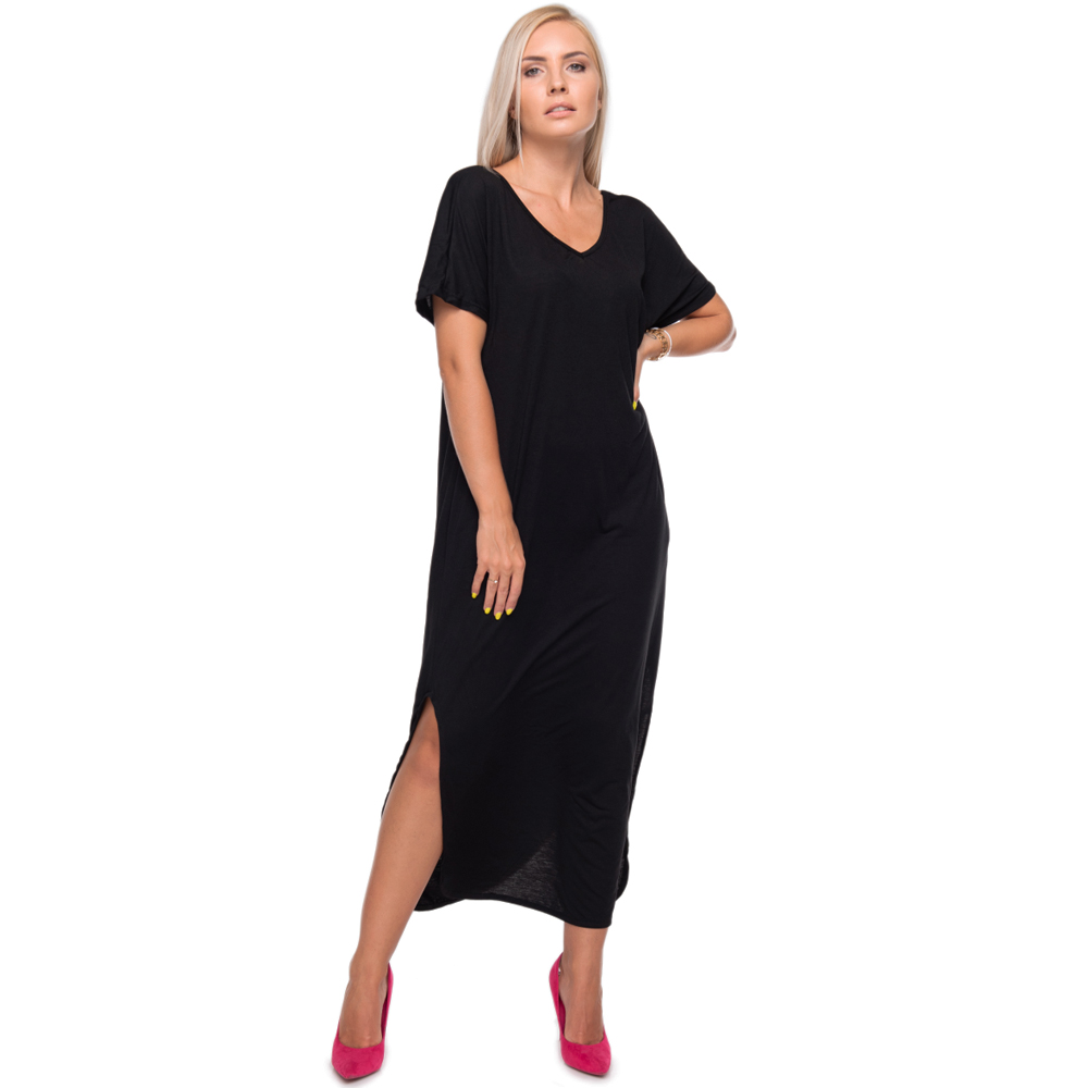 The Coral Palms® Casual Short Sleeve V-Neck Backless Criss Cross Design Split Maxi Dress with Pockets - BLACK - CLOSEOUT
