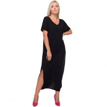 The Coral Palms� Casual Short Sleeve V-Neck Backless Criss Cross Design Split Maxi Dress with Pockets - BLACK - CLOSEOUT