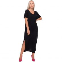 The Coral Palms Casual Short Sleeve V-Neck Backless Criss Cross Design Split Maxi Dress with Pockets - BLACK - CLOSEOUT