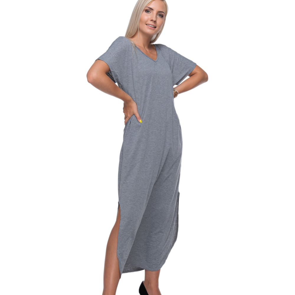 The Coral Palms® Casual Short Sleeve V-Neck Backless Criss Cross Design Split Maxi Dress with Pockets - GRAY - CLOSEOUT