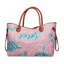 The Coral Palms® Perfect Vacay Oversized Tote with Light Brown Faux Leather Trim & Accents - Solely Sea Turtles Collection