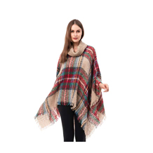 Classic Plaid Turtleneck Poncho Pullover with Fringed Edges - CLOSEOUT