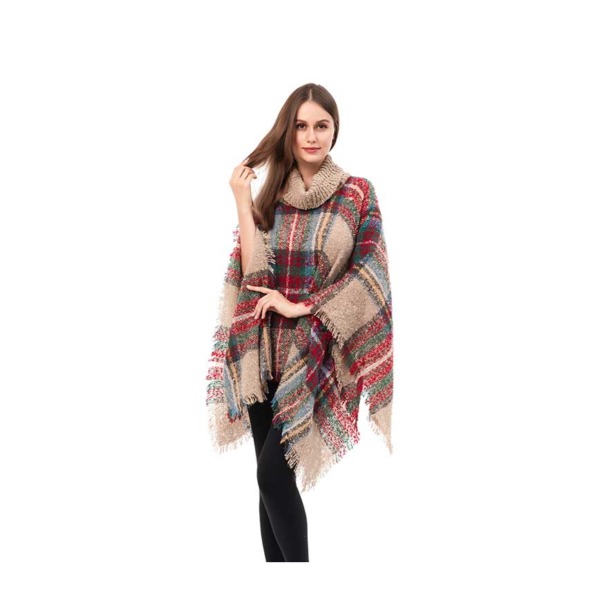 Classic Plaid Turtleneck Poncho Pullover with Fringed Edges - CLOSEOUT