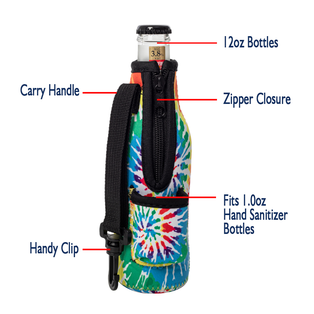 The Perfect Float Trip  12oz Long Neck Zipper Neoprene Bottle Coolie with Built-in Hand Sanitizer Holder - Tie Dye Print - CLOSEOUT