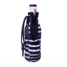 The Perfect Float Trip 12oz Long Neck Zipper Neoprene Bottle Coolie with Built-in Hand Sanitizer Holder - Blue Line Flag Print - CLOSEOUT