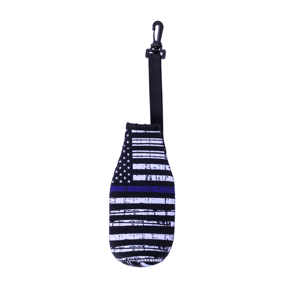The Perfect Float Trip 12oz Long Neck Zipper Neoprene Bottle Coolie with Built-in Hand Sanitizer Holder - Blue Line Flag Print - CLOSEOUT