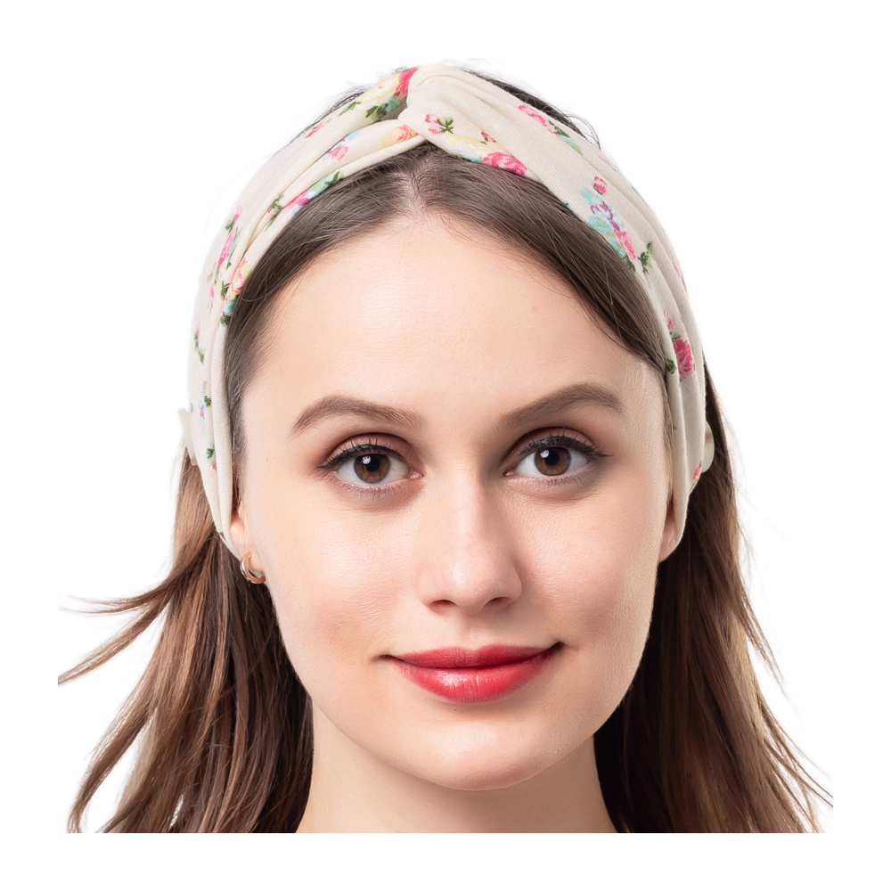 Stretch Twist Headband with Buttons in White Floral Print - CLOSEOUT