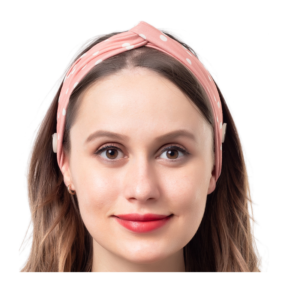 Stretch Twist Headband with Buttons in Mauve Polka Dot Print - CLOSEOUT
