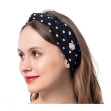 Stretch Twist Headband with Buttons in Black Polka Dot Print - CLOSEOUT