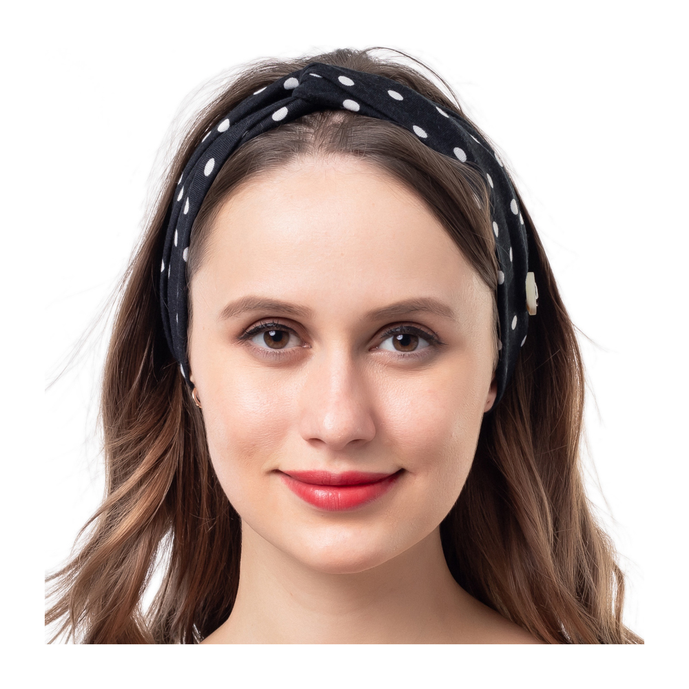 Stretch Twist Headband with Buttons in Black Polka Dot Print - CLOSEOUT