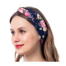 Stretch Twist Headband with Buttons in Navy Floral Print - CLOSEOUT