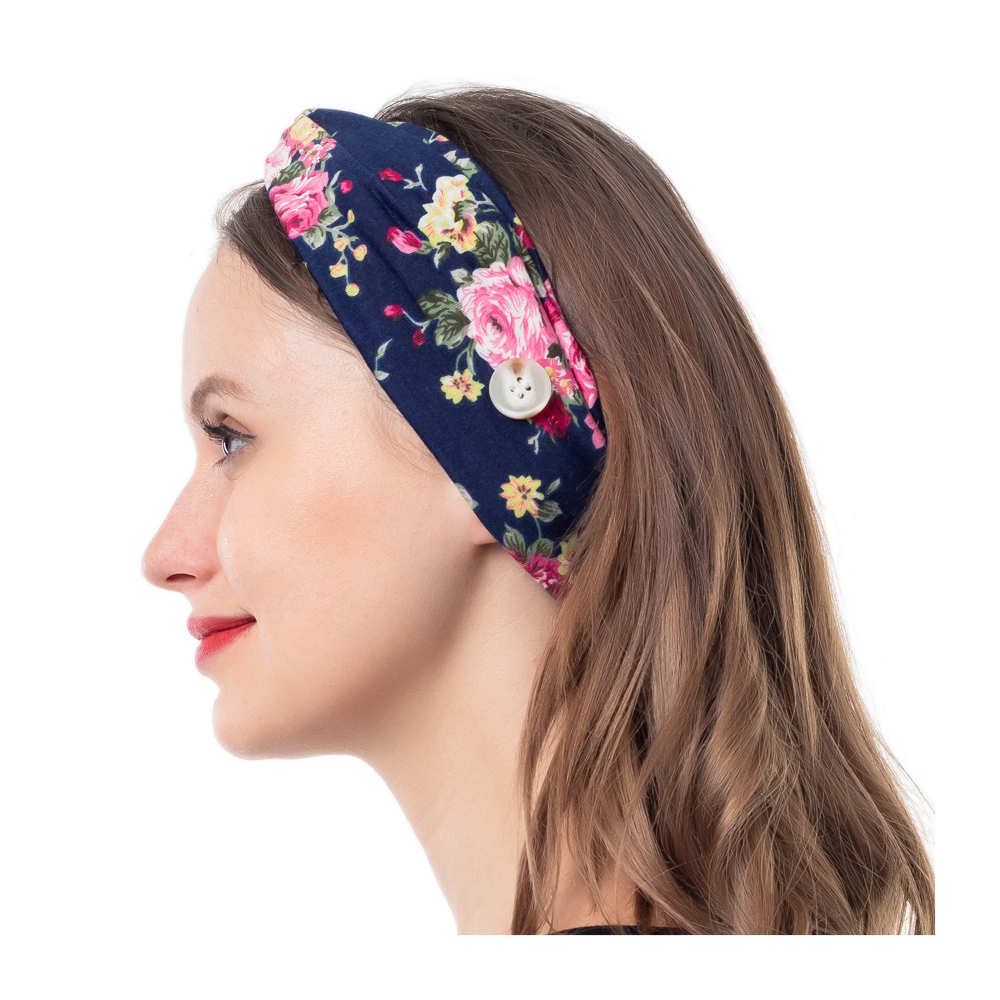 Stretch Twist Headband with Buttons in Navy Floral Print - CLOSEOUT