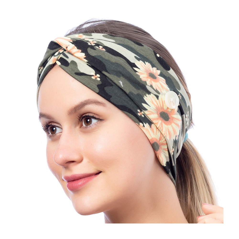 Stretch Twist Headband with Buttons in Camo/Floral Print - CLOSEOUT