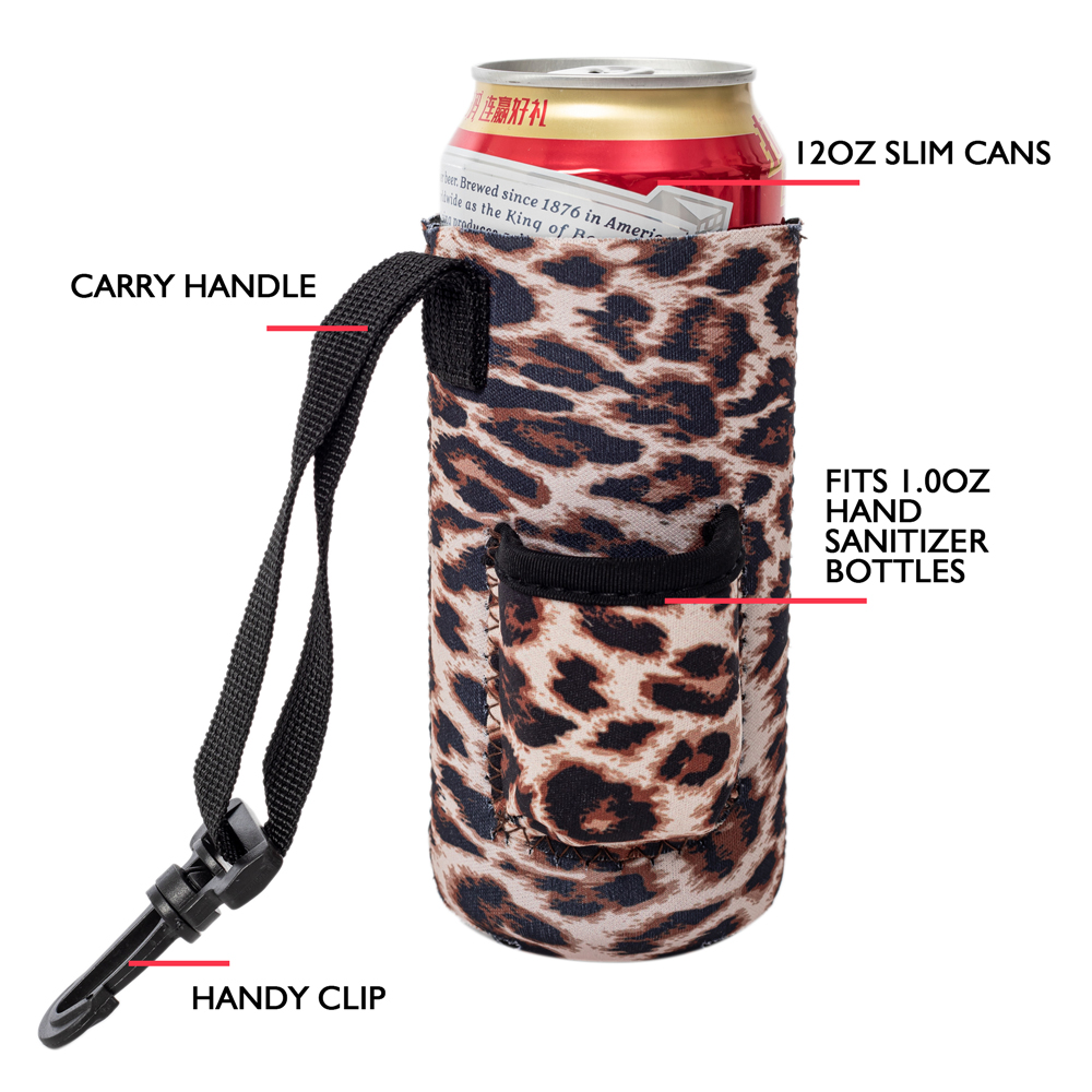 The Perfect Float Trip 12oz Slim Can Neoprene Coolie with Built-in Hand Sanitizer Holder - Leopard Print - CLOSEOUT