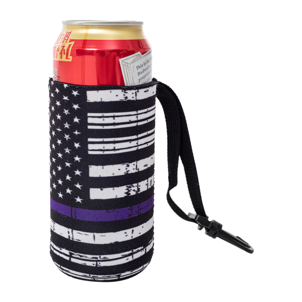 The Perfect Float Trip  12oz Slim Can Neoprene Coolie with Built-in Hand Sanitizer Holder - Blue Line Flag Print - CLOSEOUT