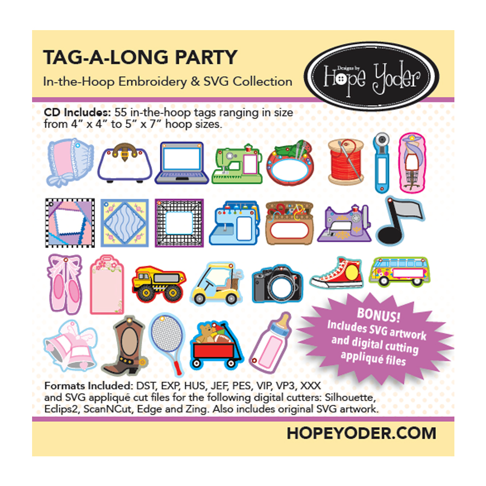 Tag-A-Long Party In-the-Hoop Embroidery Design + SVG Collection CD-ROM by Hope Yoder