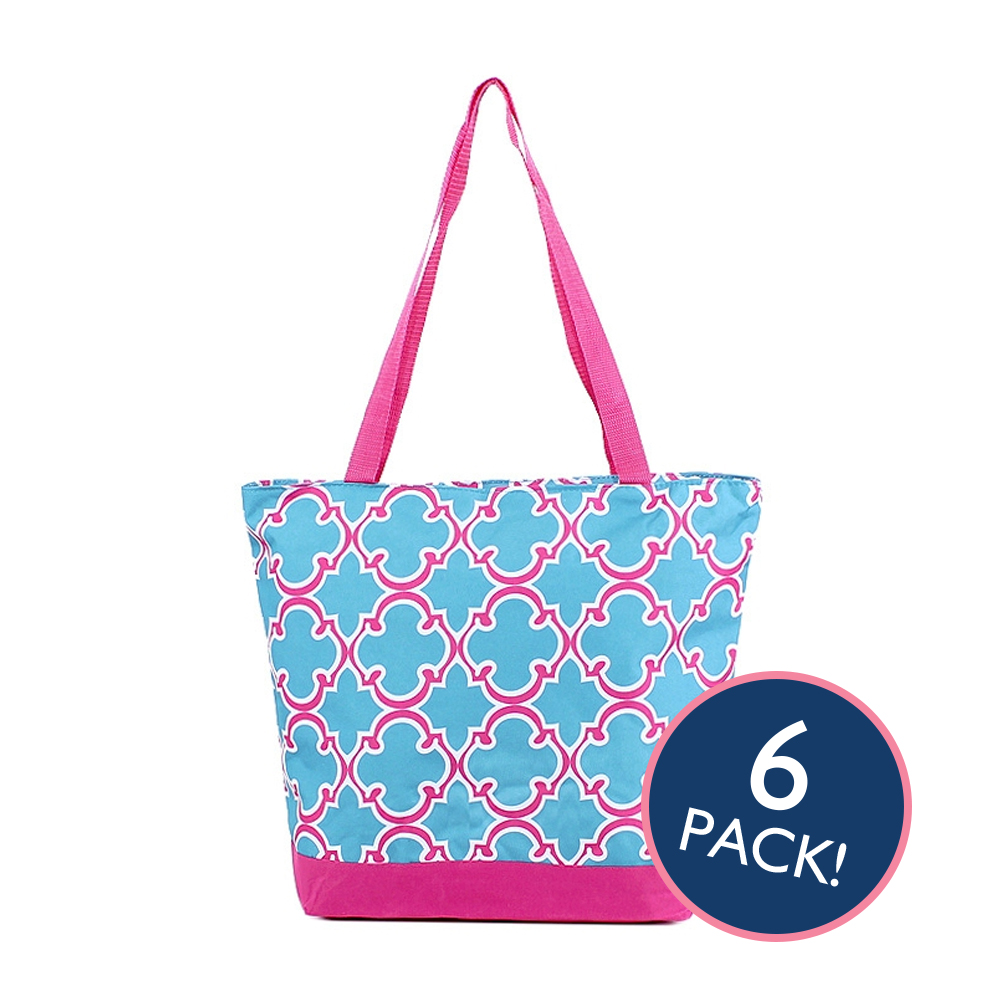 Quatrefoil Print Tote Bag in Turquoise/Hot Pink Trim - 6/pk