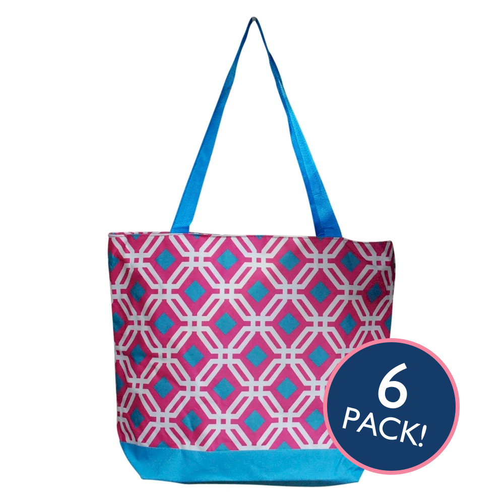 Graphic Print Tote Bag in Hot Pink/Turquoise Trim - 6/pk