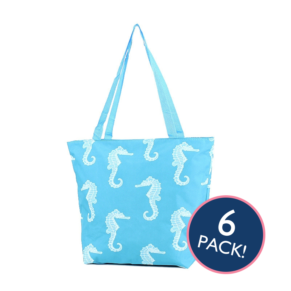 Seahorse Print Tote Bag in Turquoise - 6/pk