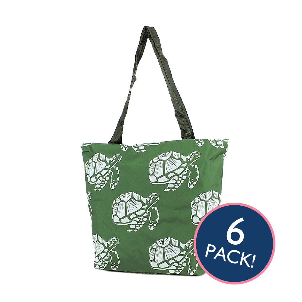 Sea Turtle Print Tote Bag in Green - 6/pk