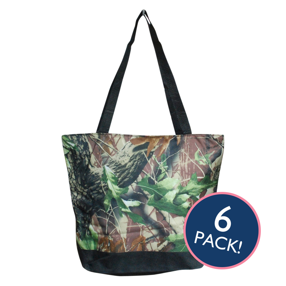 Natural Camo Print Tote Bag in Black Trim - 6/pk