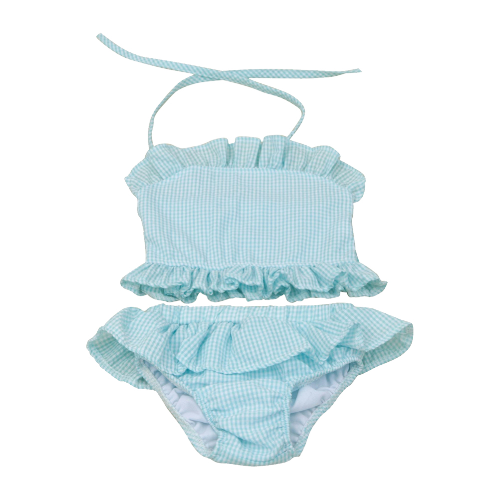 The Coral Palms® Blank Girls Gingham Ruffle Bikini Swimsuit - AQUA - CLOSEOUT