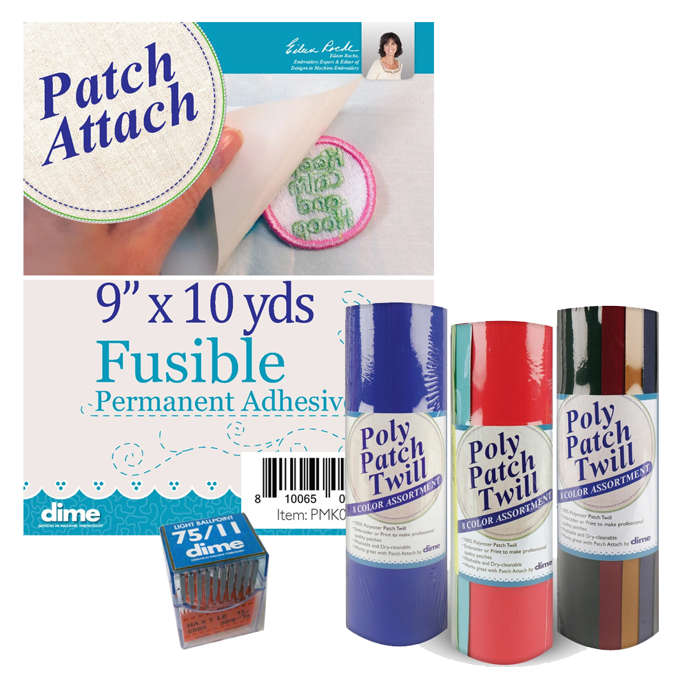 The Ultimate Patch Bundle - Patch Attach Stabilizer & 24 Colors of Poly Patch Twill & 20 75/11 Light Ball Point Needles by DIME Designs in Machine Embroidery