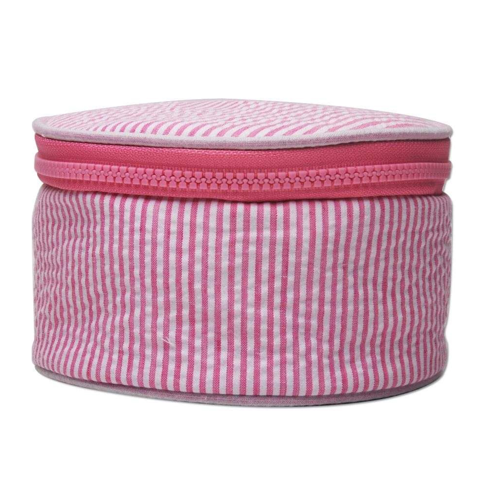 The Coral Palms® Simply Seersucker Round Cosmetic & Jewelry Bag - PINK