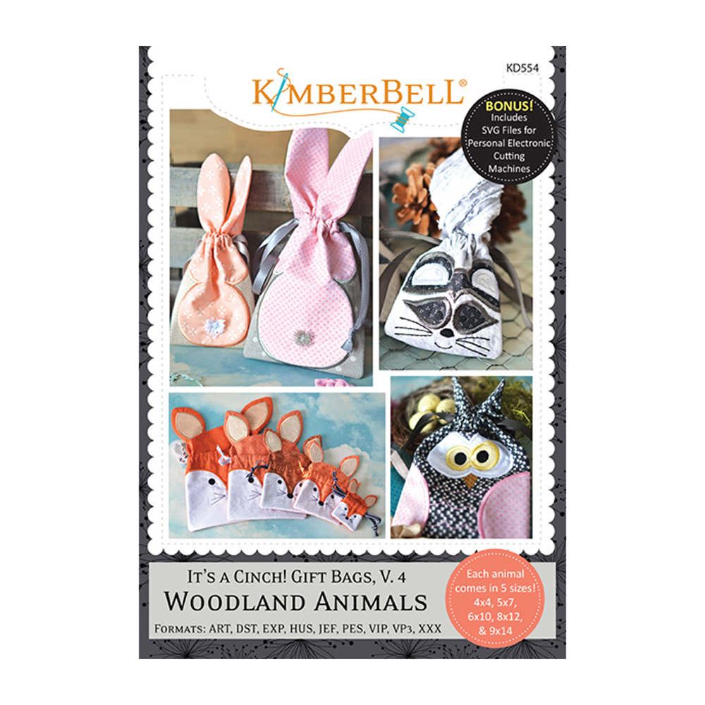 It’s A Cinch! Gift Bags Vol. 4: Woodland Animals Embroidery Designs by Kimberbell Designs KD554 - CLOSEOUT
