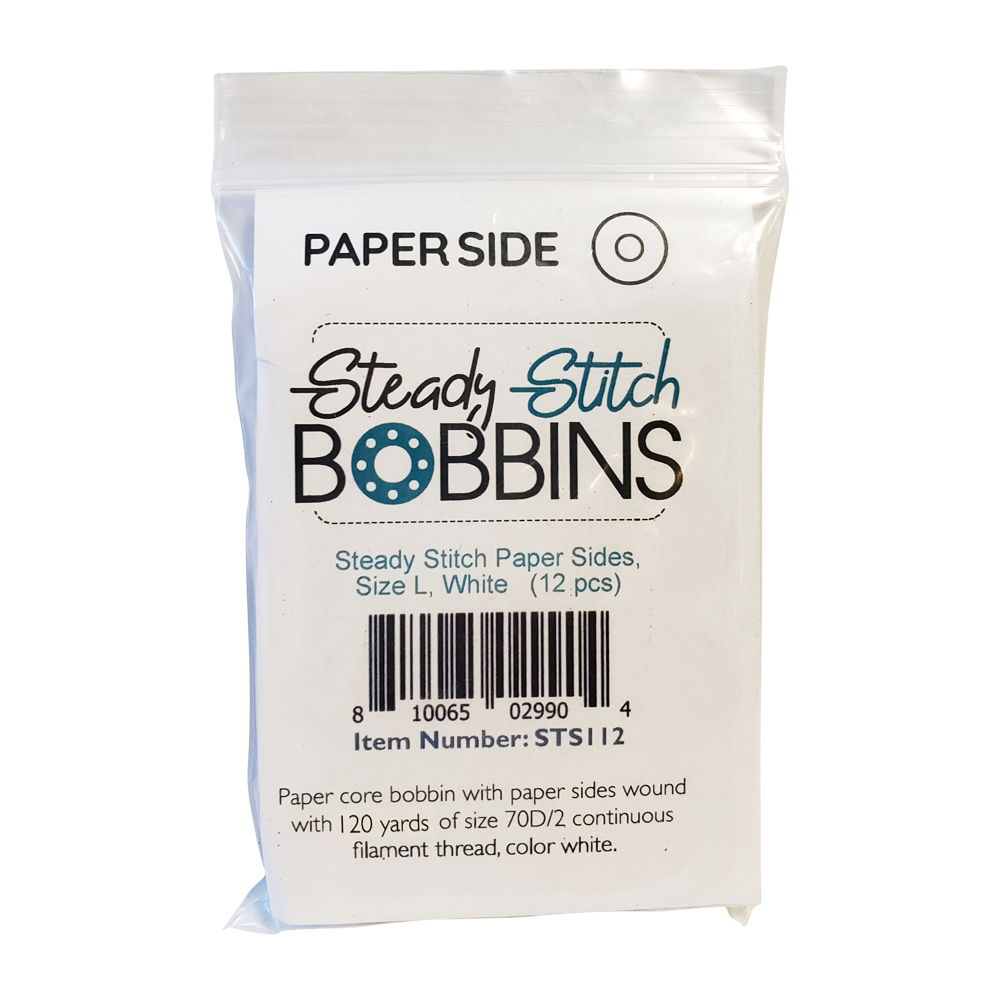 Steady Stitch Paper-Sided Size L Polyester Prewound Bobbins Pack of 12 - White