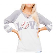 The Coral Palms® Love Baseball 3/4 Sleeve Raglan with Criss-Cross V-Neck Shirt - CLOSEOUT