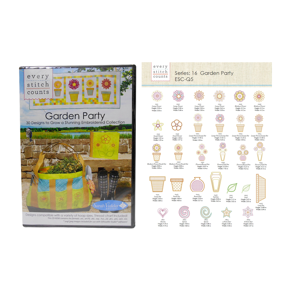 Garden Party Embroidery Designs by Sarah Vedeler Designs on CD-ROM for Every Stitch Counts - CLOSEOUT